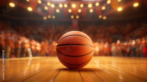 Close up basket ball in an arena blurred cinematic background, basket ball on floor