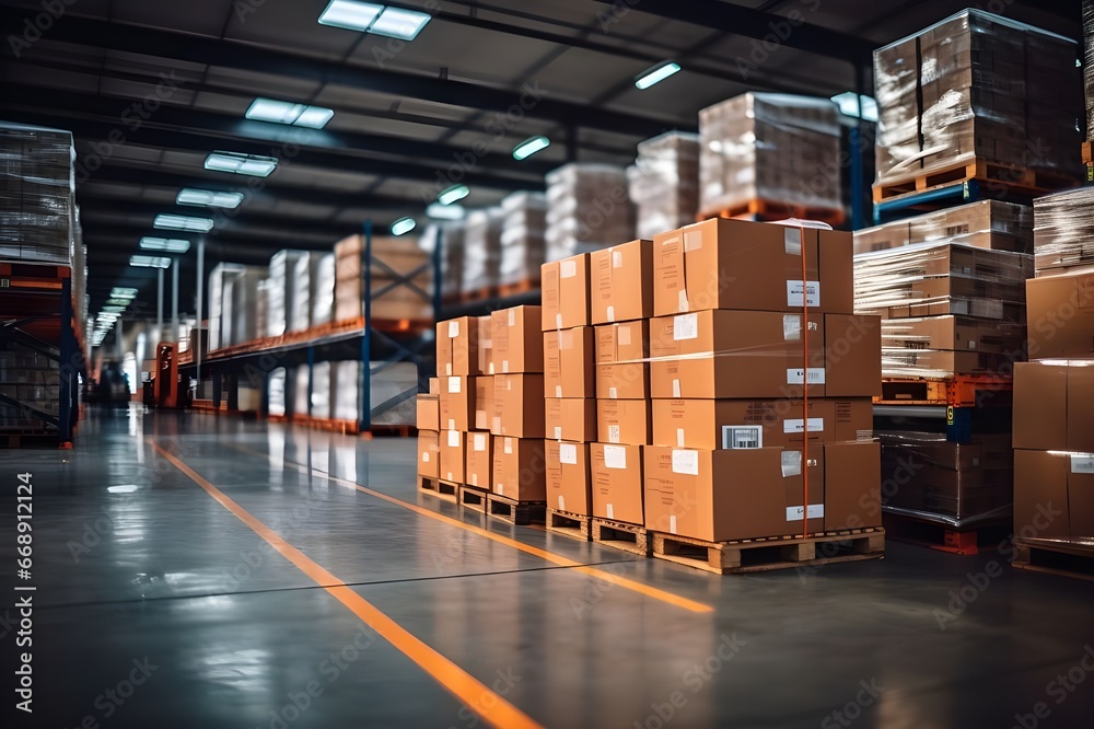 Warehouse interior with rows of boxes on shelves. Shallow depth of field