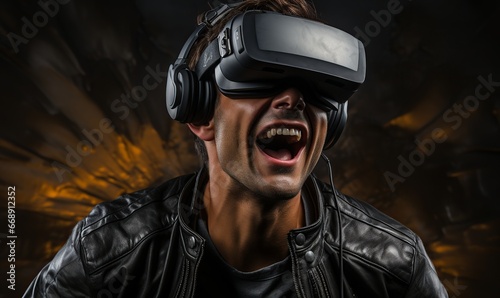 Excited young man using virtual reality lens.