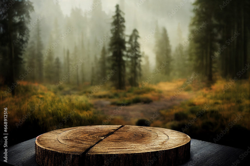 Wooden round podium realistic illustration, forest on the background scenery of empty product pedestal in natural environment, green trees around, soft day light