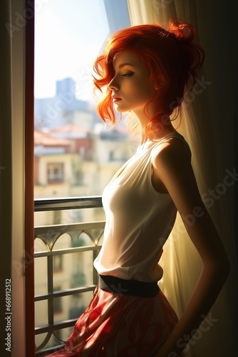 woman red hair standing front window dreamy lighting anorexic figure view sexy young balcony scene breathtaking pale