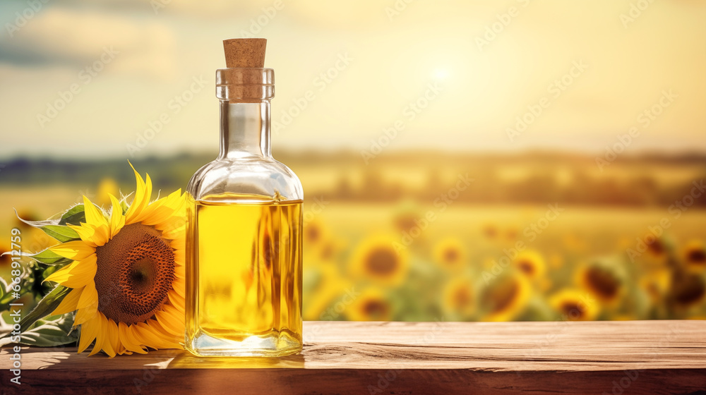 Transparent bottle of oil stands on a wooden table on of a field of sunflowers at background, banner with copy space Transparent bottle of oil stands on a wooden table on of a field of sunflowers at background, banner with copy space