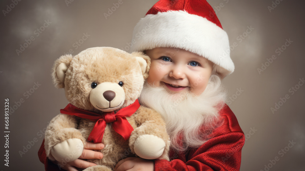 Santa Claus kid with teddy bear doll background, Festive celebration, Copy space, Father Christmas. Generative AI