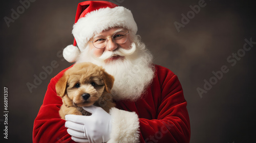 Santa Claus with puppy background, Festive celebration, Copy space, Father Christmas. Generative AI © BussarinK