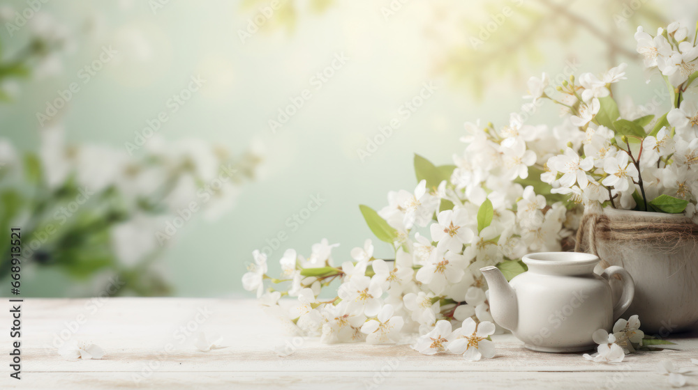 White cherry blossom with tea mug on wooden background, Cozy spring vibes, Copy space, Spring floral. Generative AI White cherry blossom with tea mug on wooden background, Cozy spring vibes, Copy space, Spring floral. Generative AI