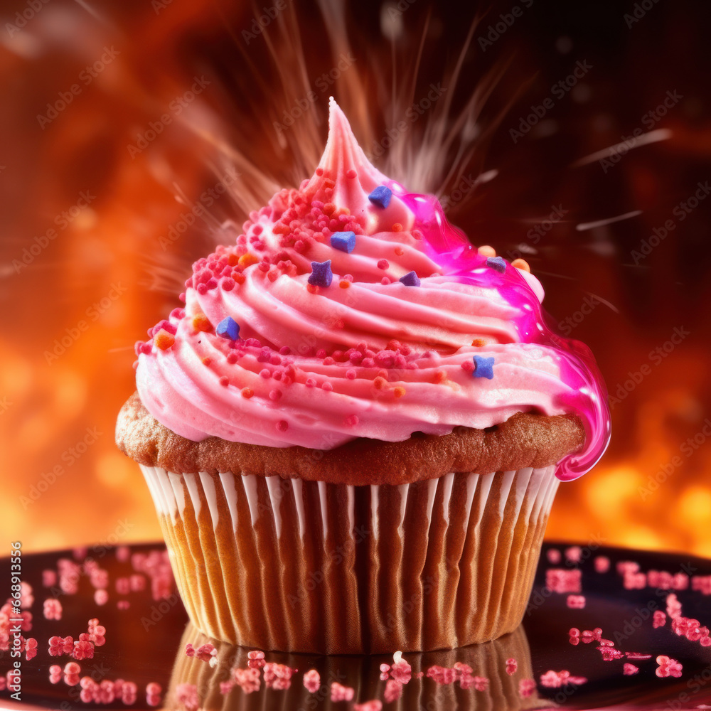 A pink cupcake in a blazing scene frosting melting
A pink cupcake in a blazing scene frosting melting