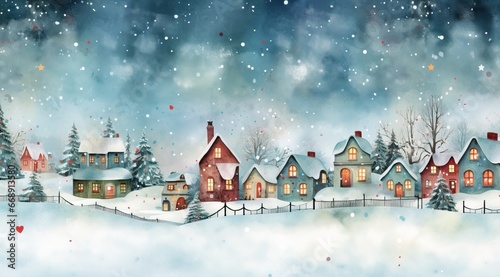 A Pretty and Snowy Square in a Cold day near Christmast with a few people admiring the view. in the Style of Cartoon and Water Painting.

