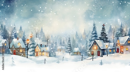 A Pretty and Snowy Square in a Cold day near Christmast with a few people admiring the view. in the Style of Cartoon and Water Painting.

