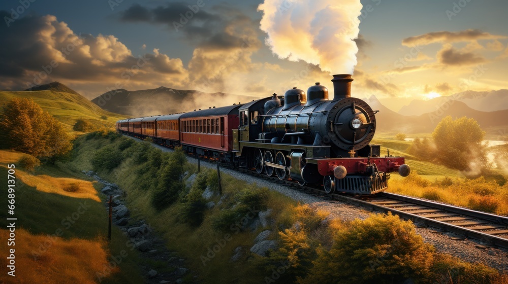 Obraz premium Vintage steam locomotive train in green landscape at sunset or sunrise sky background
