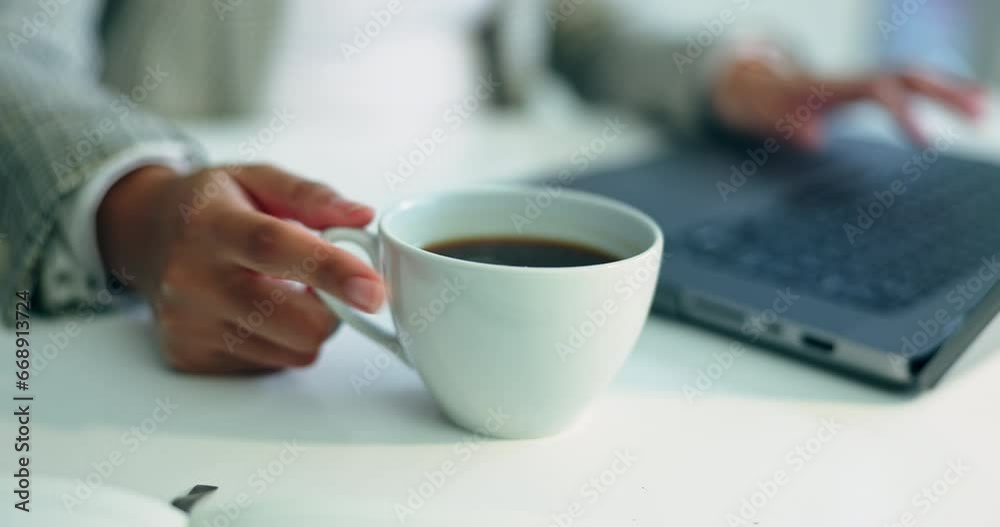 Closeup, business and hands with coffee, laptop and keyboard with network, typing and connection. Person, employee and web designer with caffeine, espresso and tea with a pc, technology and worker Closeup, business and hands with coffee, laptop and keyboard with network, typing and connection. Person, employee and web designer with caffeine, espresso and tea with a pc, technology and worker