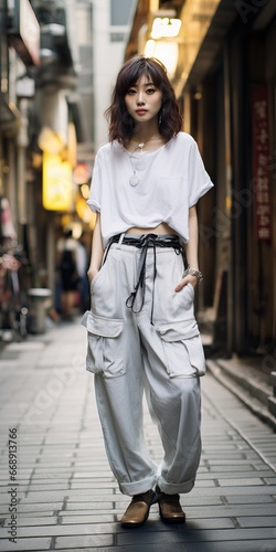 Model showing new Fashion in the middle of the Street with Baggy clothes and many people in the surrouding. Trendy Clothes like Fashion Week.