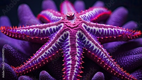 Underwater Shot of a Beautiful Purple and Pink Starfish placed on blue coral.