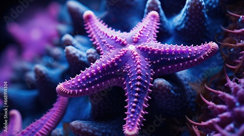 Underwater Shot of a Beautiful Purple and Pink Starfish placed on Blue Coral. © Luca