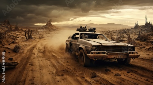 A 4x4 Driving through Wasteland covered in Sand in late evening of a Cloudy day.