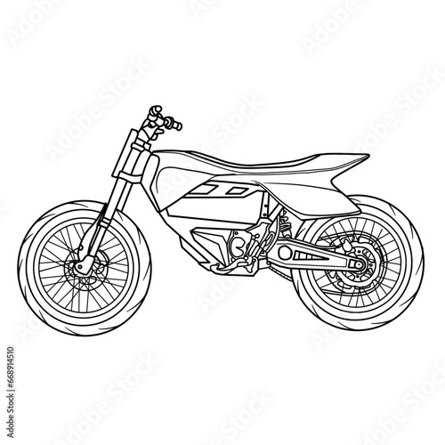 Electric motocross concept. Electric Bike hand drawn sketch, suitable for your custom electric motorcycle, outline vector illustration, side view, isolated with white background