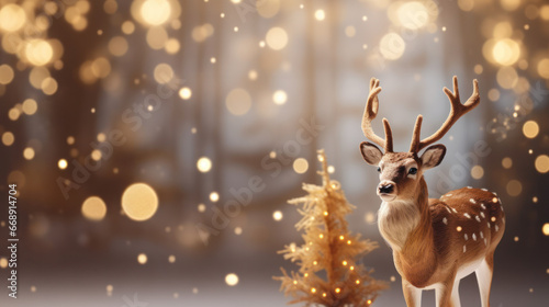 Reindeer doll with Christmas snowy background  Festive winter celebration  Copy space  Merry Xmas. Generative AI