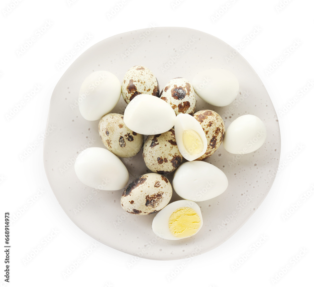 Unpeeled and peeled hard boiled quail eggs in plate on white background, top view Unpeeled and peeled hard boiled quail eggs in plate on white background, top view