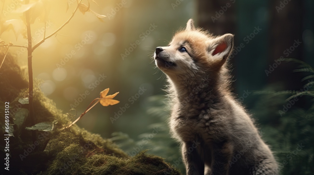 Obraz premium Tiny Wolf Puppy in the middle of the Forest Howling. Sunlight. Sunset. Golden Hour.