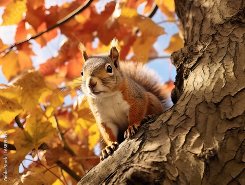 Cute Close up of a Squirrel over a Tree while there s the Sunset. Autumnal Season during a Warm Day. Golden Hour. Natural Park during Fall Season.