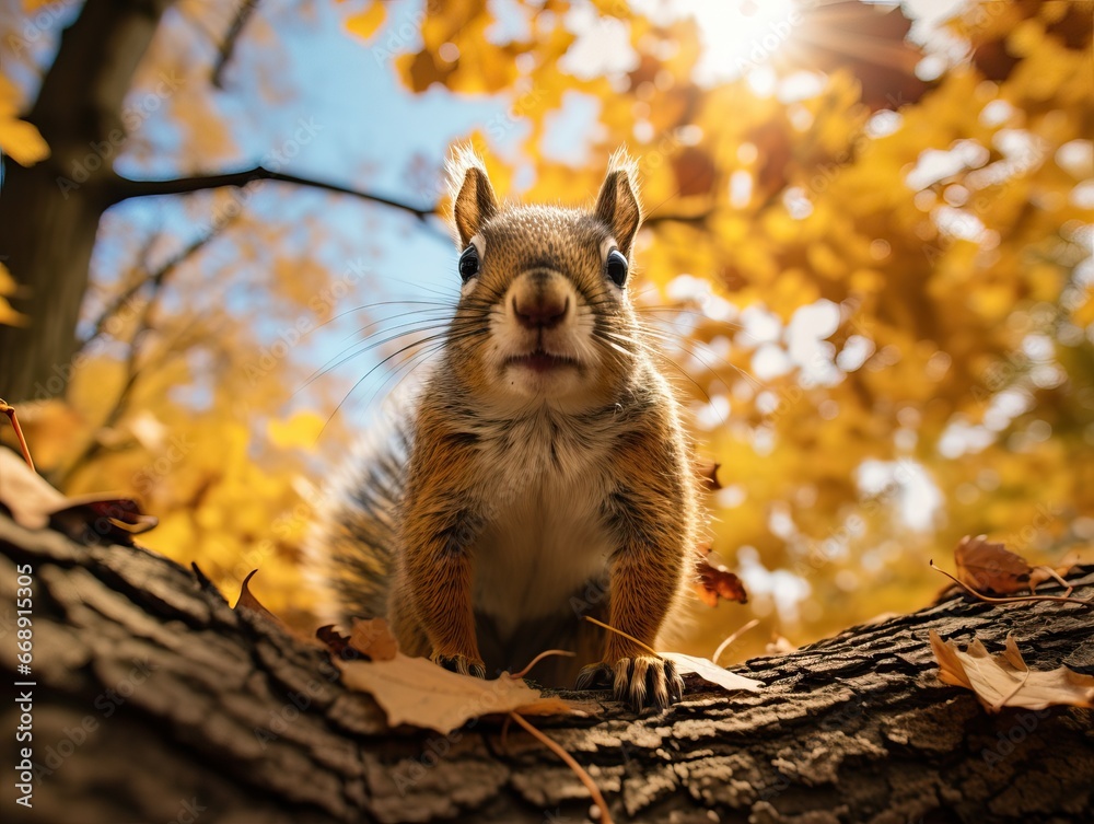Cute Close up of a Squirrel over a Tree while there's the Sunset. Autumnal Season during a Warm Day. Golden Hour. Natural Park during Fall Season. Cute Close up of a Squirrel over a Tree while there's the Sunset. Autumnal Season during a Warm Day. Golden Hour. Natural Park during Fall Season.