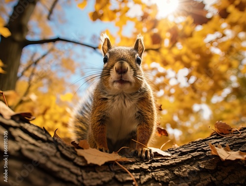Cute Close up of a Squirrel over a Tree while there's the Sunset. Autumnal Season during a Warm Day. Golden Hour. Natural Park during Fall Season.