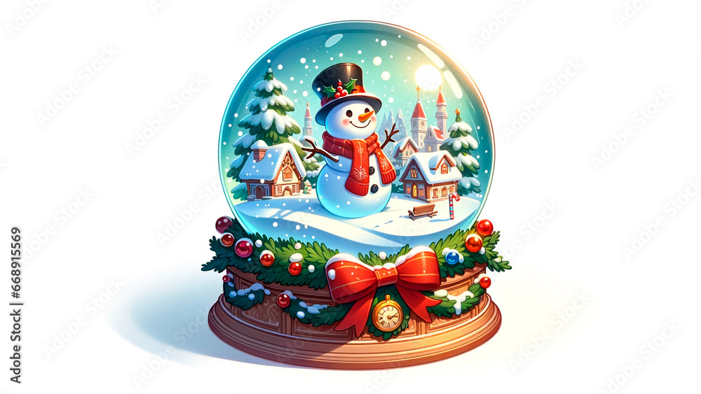 Whimsical Winter Wonderland: A Snowy Village and Jovial Snowman Captured Within a Timeless Christmas Snow Globe