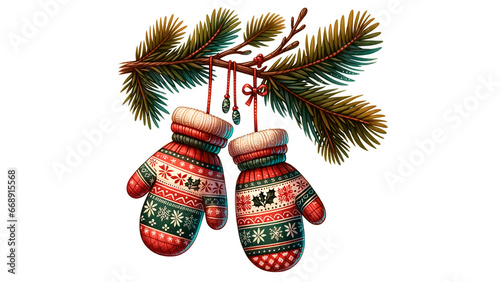 Frosty Fingers Warmth: Festive Holiday Mittens Adorned with Seasonal Patterns, Dangling from a Pine-Laden Twig Against a Blank Canvas.