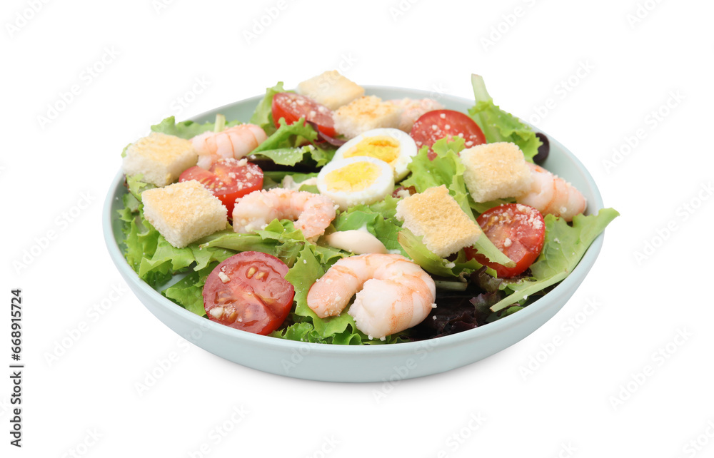 Delicious Caesar salad with shrimps isolated on white Delicious Caesar salad with shrimps isolated on white