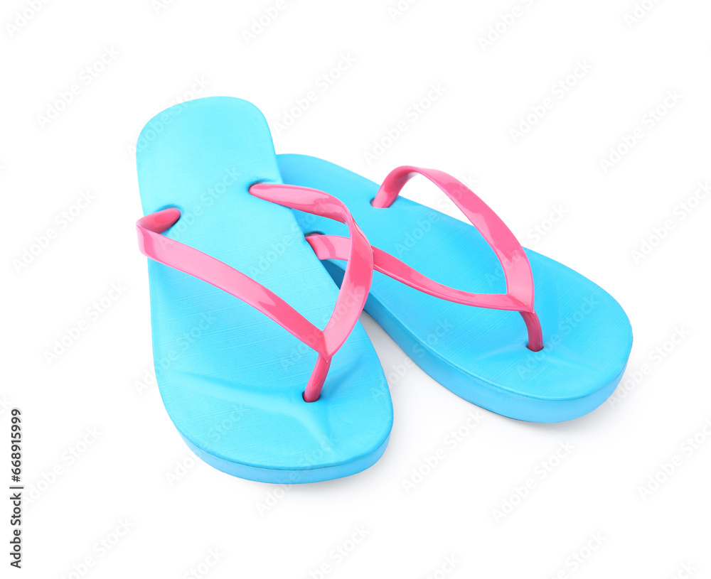 Stylish light blue flip flops isolated on white