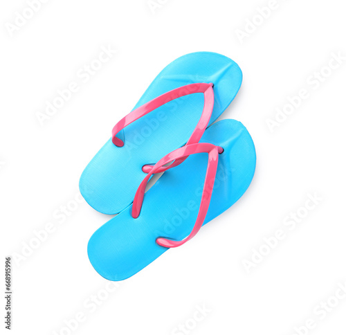 Stylish flip flops isolated on white, top view