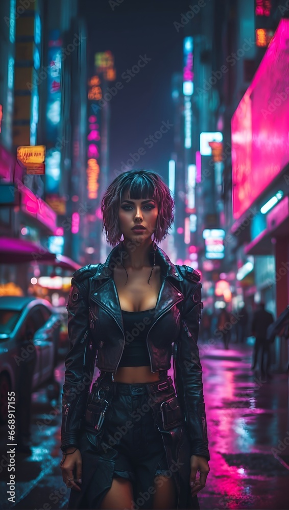 Girl standing in the street of the cyber city at night