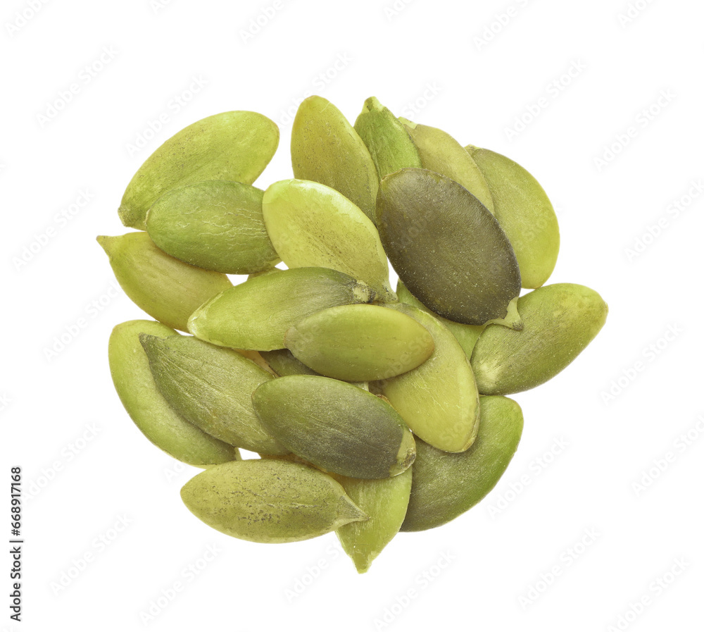 Heap of peeled pumpkin seeds isolated on white, top view Heap of peeled pumpkin seeds isolated on white, top view