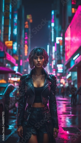 Girl standing in the street of the cyber city at night