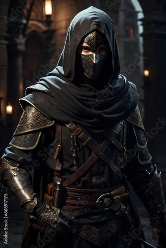 Warrior wearing iron armor with a mask, dark environment
