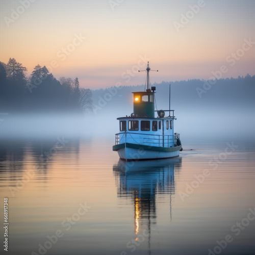 A tug boat on a serene lake at dawn surrounded
 photo