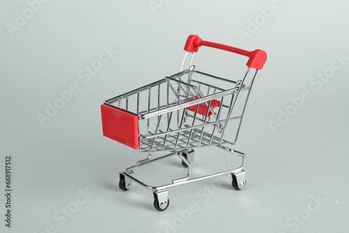 Small metal shopping cart on light background