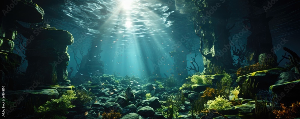 The rays of the sun under water and the seabed