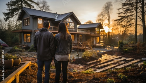 rear view of young couple looking at their new house