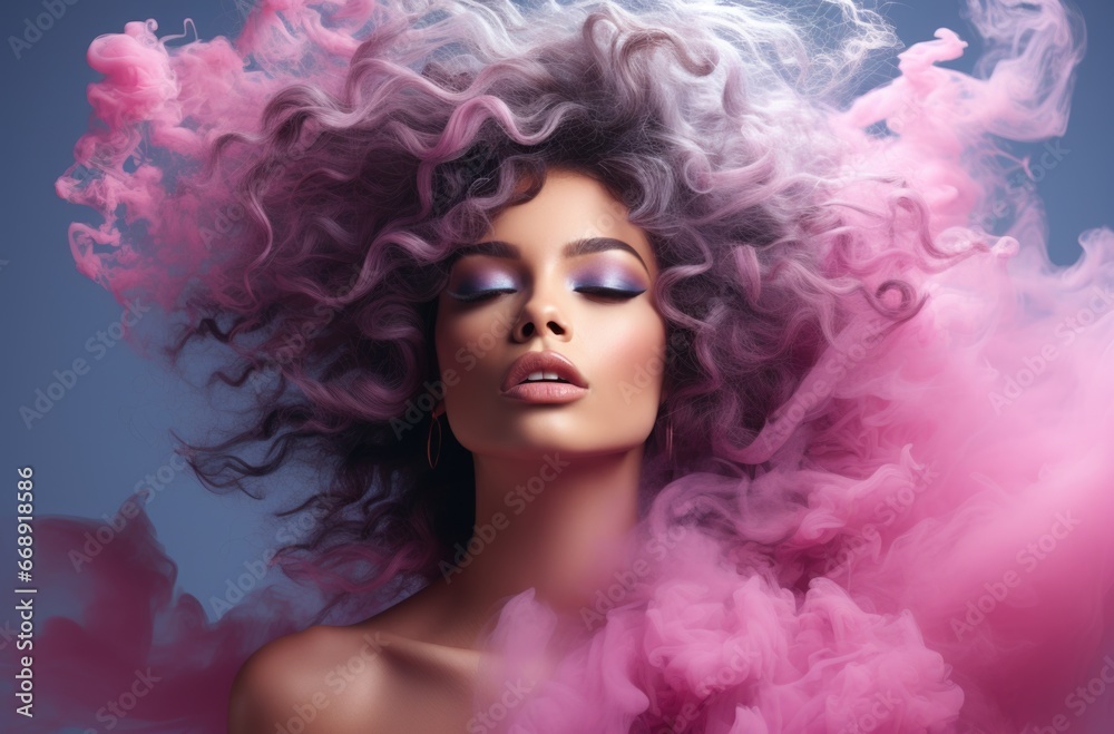 Abstract fashion makeup concept with caucasian girl in purple pink cloud of smoke on isolated pastel blue background. Close-up portrait of top model