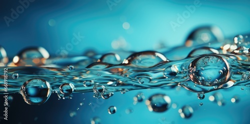 Water drops or oil bubbles on blue background. Droplets panorama picture.