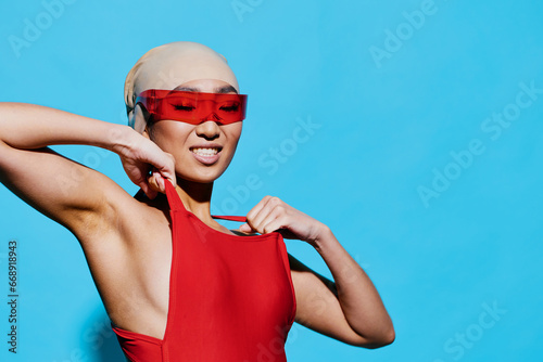 Blue woman fashion smiling portrait red sunglasses beauty