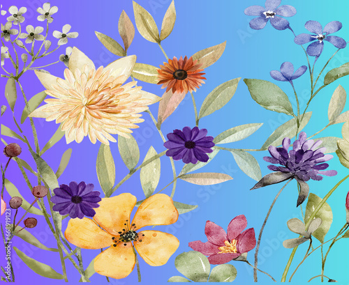 Watercolor flowers on a gradient purple to blue background