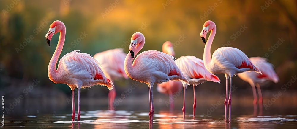 Flamingos in Parc Ornithologique de Pont de Gau are found in The Regional Park of the Camargue near Arles Southern France - obrazy, fototapety, plakaty 