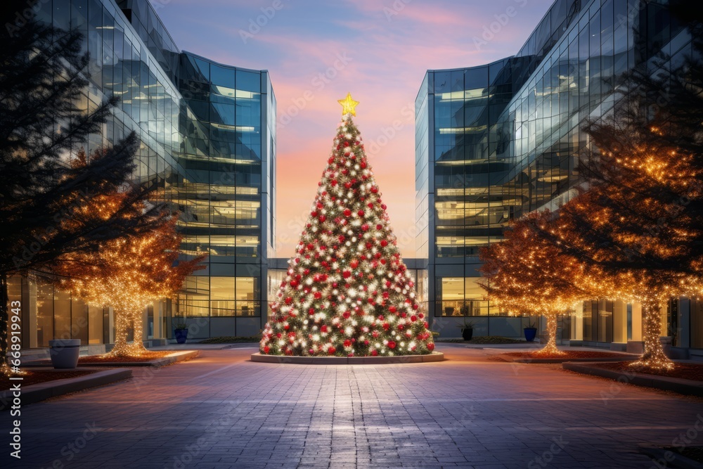 A Vibrant Display of Holiday Spirit in an Office Park, Featuring Twinkling Lights, Colorful Ornaments, and a Majestic Christmas Tree