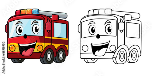 Happy Fire truck, Fire engine cartoon vector illustration, Firetruck mascot character with a happy face colored and black and white cartoon vector image