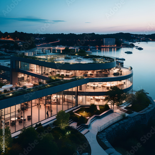  The idea of ​​a riverside commercial center in the city center, commercial center, architecture, design, river, view, light, glass doors, open space, luxury, Ai generate. © PHAP