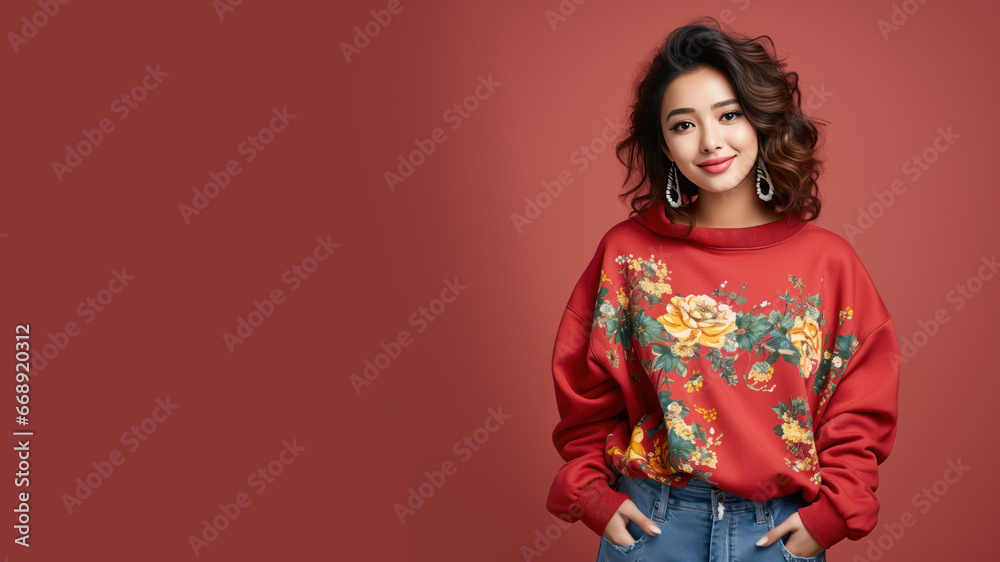 An Asian woman wearing floral pattern sweatshirt isolated on pastel An Asian woman wearing floral pattern sweatshirt isolated on pastel
