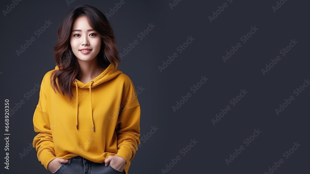 An Asian woman wearing mustard sweatshirt isolated on pastel background