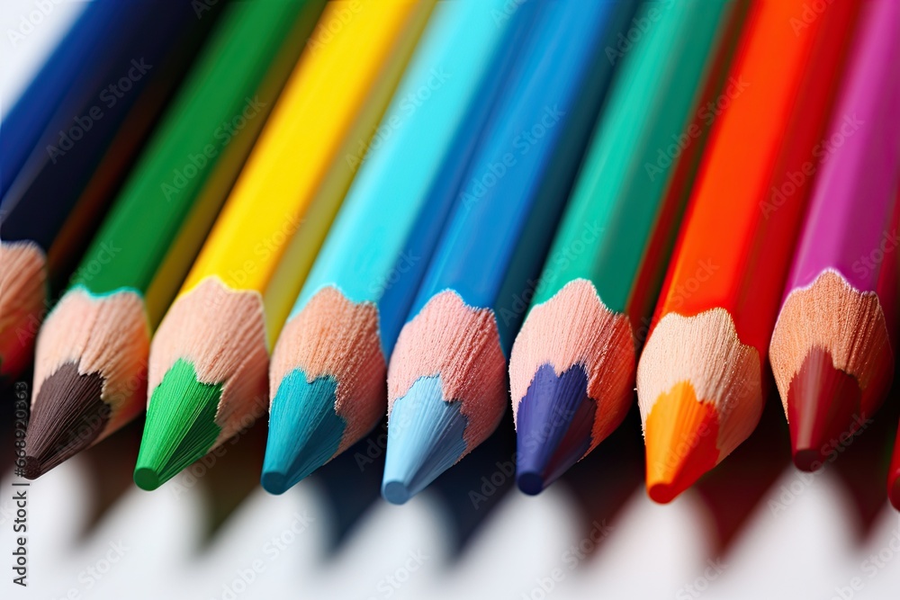 Colored pencils creatively arranged, captured in a close-up shot to highlight their intricate, vibrant hues and the artistic possibilities they hold. Colored pencils creatively arranged, captured in a close-up shot to highlight their intricate, vibrant hues and the artistic possibilities they hold.
