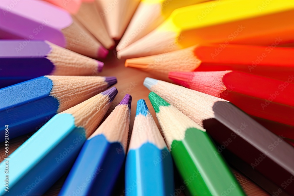 Colored pencils creatively arranged, captured in a close-up shot to highlight their intricate, vibrant hues and the artistic possibilities they hold. Colored pencils creatively arranged, captured in a close-up shot to highlight their intricate, vibrant hues and the artistic possibilities they hold.